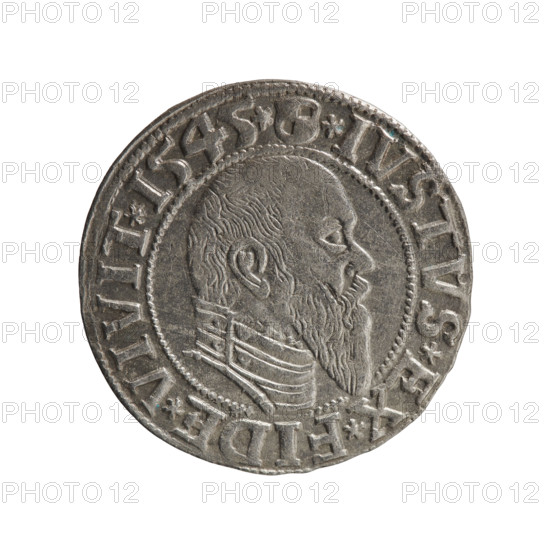 grosz; Schilling, Maciej, publisher; Decjusz, Jost Ludwik (fl. 1528–1535); eagles; Albrecht Hohenzollern (Prince of Prussia; 1490–1568) — iconography; male busts in armour; Hohenzollern (coat of arms). Obverse: Prussian eagle, on its chest a crowned letter S; on the rim, between pearl borders, an inscription beginning with a trefoil: ALBER*D*G*MAR*BRAN*DVX*PRVSS. Reverse: male bust in armour in profile turned to the right; short hair, long pointed beard with sideburns; in the rim, between pearly borders, an inscription beginning with the Hohenzollern shield: *IVSTVS*EX*FIDE*VIVIT*I545* (1545). Ducal Prussia (1525–1701), Königsberg. Coin: diameter 23.1 mm, weight 1.92 g, axis 45°.