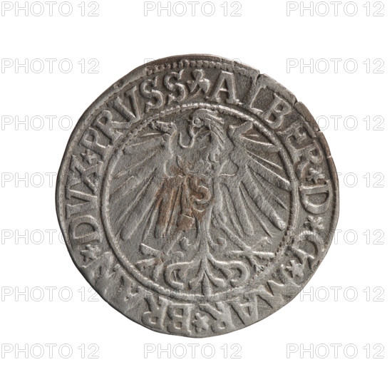 Obverse: Prussian eagle; on its chest a crowned letter S. In the rim between the pearl borders an inscription beginning with a trefoil ALBER*D*G*MAR*BRAN*DVX*PRVSS. Reverse: Male bust in armour in profile turned to the right; short hair, long pointed beard with sideburns, dividing the inner rim. In the rim, between the pearly borders, an inscription beginning with the Hohenzollern shield *IVSTVS*EX*FIDE*VIVIT*I545*. Maker/publisher: grosz, Schilling, Maciej; publisher Decjusz, Jost Ludwik (fl. 1528–1535). Subject/motif: Albrecht Hohenzollern (Prince of Prussia; 1490–1568). Date: 1545. Place/issue: Ducal Prussia (1525–1701), Königsberg. Object: coin; diameter 23.2 mm; weight 1.99 g; axis 270°.