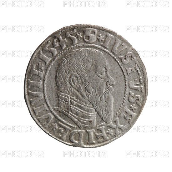 Obverse: Prussian eagle; on its chest a crowned letter S. In the rim between the pearl borders an inscription beginning with a trefoil ALBER*D*G*MAR*BRAN*DVX*PRVSS. Reverse: Male bust in armour in profile turned to the right; short hair, long pointed beard with sideburns, dividing the inner rim. In the rim, between the pearly borders, an inscription beginning with the Hohenzollern shield *IVSTVS*EX*FIDE*VIVIT*I545*. Maker/publisher: grosz, Schilling, Maciej, publisher, Decjusz, Jost Ludwik (fl. 1528–1535). Subject/person: Albrecht Hohenzollern (Prince of Prussia; 1490–1568). Date: 1545. Place/authority: Ducal Prussia (1525–1701), Königsberg. Object: coin; diameter 23.2 mm; weight 1.99 g; axis 270°.