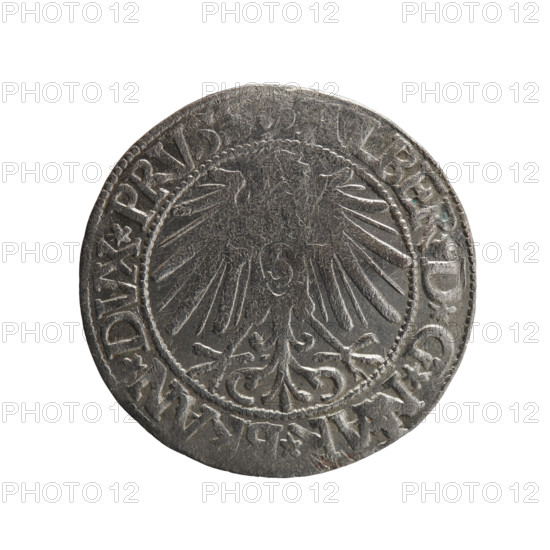 Schilling, Maciej; publisher Decjusz; Jost Ludwik (fl. 1528–1535). Albrecht Hohenzollern (Prince of Prussia; 1490–1568) — iconography; Hohenzollern coat of arms. Coin (Ducal Prussia, 1525–1701), Königsberg, 1545. Obverse: Prussian eagle, on his chest a crowned letter S; rim between pearl borders an inscription beginning with a trefoil: BER*D*G*, AR*, AN*DVX*PRV. Reverse: male bust in armour in profile to right; short hair, long pointed beard with sideburns; inner rim divided by Hohenzollern shield; inscription beginning with *IVSTVS*EX*FIDE*, VIT*I545*. Coin diameter 23.2 mm; weight 1.96 g; axis 135°.