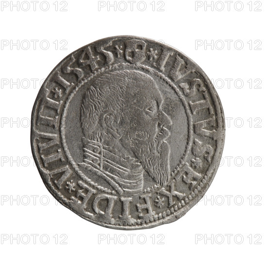 grosz; publisher: Schilling, Maciej; engraver: Decjusz, Jost Ludwik (fl. 1528–1535); subject: Albrecht Hohenzollern (Prince of Prussia; 1490–1568). Iconography: eagles; male busts in armour; Hohenzollern coat of arms. Obverse: Prussian eagle, on its chest a crowned letter S; rim inscription beginning with a trefoil ALBER*D*G*MAR*BRAN*DVX*PRVSS. Reverse: male bust in armour in profile turned to the right; short hair, long pointed beard with sideburns; inner rim dividing the field; rim inscription beginning with the Hohenzollern shield *IVSTVS*EX*FIDE*VIVIT*I545*. Date: 1545. Place: Ducal Prussia, Königsberg. Object: coin (grosz), diameter 23.7 mm, weight 1.81 g, axis 140°.
