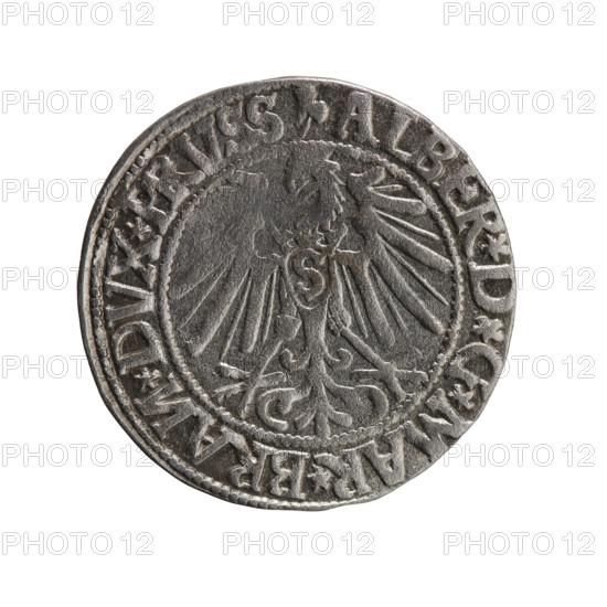 Artist/creator: Schilling, Maciej; publisher: Decjusz, Jost Ludwik (fl. 1528–1535). Object: coin (Ducal Prussia, Königsberg), 1545. Material/measurements: diameter 23.2 mm, weight 2.02 g, axis 80°. Obverse: Prussian eagle; on its chest a crowned letter S. Rim inscription beginning with a trefoil (mirror-image N): ALBER*D*G*MAR*BRAN*DVX*PRVSS. Reverse: male bust in armour in profile right; short hair, long pointed beard with sideburns. Rim inscription beginning with the Hohenzollern shield: *IVSTVS*EX*FIDE*VIVIT*I545*. Subjects/icons: Albrecht Hohenzollern (Prince of Prussia; 1490–1568); iconography includes eagles, Hohenzollern coat of arms, male busts in armor.