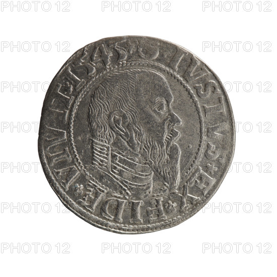 grosz, Decius, Jost Ludwik (fl. 1528-1535), Schilling, Maciej, publisher, Albrecht Hohenzollern (Prince of Prussia; 1490-1568) - iconography, eagles, male busts in armour, Hohenzollern (coat of arms). Obv. Prussian eagle, on his chest a crowned letter S. On the rim between the pearl borders an inscription beginning with a trefoil ALBER*D*G*MAR*BRAN*DVX*PRVSS. Rev. Male bust in armour in profile turned to the right; short hair, long, pointed beard with sideburns, dividing the inner rim. In the rim, between the pearly borders, an inscription beginning with the Hohenzollern shield IVSTVS*EX*FIDE*VIVIT*I545*. 1545, Königsberg, Ducal Prussia (1525-1701). Coin: diameter 23.2 mm, weight 1.93 g, axis 160 degrees.