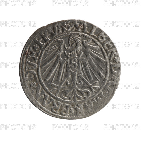 grosz, Schilling, Maciej, publisher, Decjusz, Jost Ludwik (fl. 1528-1535), eagles, Albrecht Hohenzollern (Prince of Prussia; 1490-1568) - iconography, Hohenzollern (coat of arms), male busts in armour, Obv. Prussian eagle, on his chest a crowned letter S. In the rim between the pearl borders an inscription beginning with a trefoil ALBER*D*G*MAR*BRAN*DVX*PRVSS Rev. Male bust in armour in profile turned to the right; short hair, long, pointed beard with sideburns, dividing the inner rim. In the rim, between the pearly borders, an inscription beginning with the Hohenzollern shield *IVSTVS*EX*FIDE*VIVI, *, 45*, 1545, Ducal Prussia (1525-1701), Königsberg, coin, coin: diameter 23.1 mm, weight 1.92 g, axis 315 degrees
