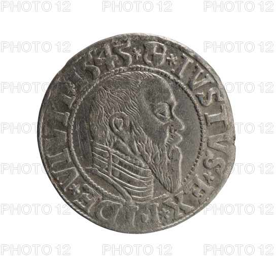 grosz; Schilling, Maciej, publisher; Decjusz, Jost Ludwik (fl. 1528–1535); eagles. Albrecht Hohenzollern (Prince of Prussia; 1490–1568) — iconography; Hohenzollern (coat of arms); male busts in armour. Obv.: Prussian eagle; on his chest a crowned letter S. In the rim between the pearl borders an inscription beginning with a trefoil ALBER*D*G*MAR*BRAN*DVX*PRVSS. Rev.: Male bust in armour in profile turned to the right; short hair, long pointed beard with sideburns, dividing the inner rim. In the rim, between the pearly borders, an inscription beginning with the Hohenzollern shield *IVSTVS*EX*FIDE*VIVI; 45; 1545. Ducal Prussia (1525–1701), Königsberg. Coin: diameter 23.1 mm; weight 1.92 g; axis 315°.