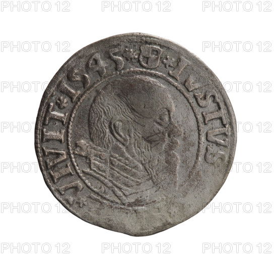 grosz, Schilling, Maciej, publisher, Decjusz, Jost Ludwik (fl. 1528-1535), eagles, Albrecht Hohenzollern (Prince of Prussia; 1490-1568) - iconography, Hohenzollern (coat of arms), male busts in armour. Obv. Prussian eagle, on his chest a crowned letter S. In the rim between the pearl borders an inscription beginning with a trefoil, D*G*MAR*BRAN*DVX*PRV. Rv. Male bust in armour in profile turned to the right; short hair, long, pointed beard with sideburns, dividing the inner rim. In the rim between the pearly borders an inscription beginning with the Hohenzollern shield *IVSTVS, VIVIT*I545*, 1545. Ducal Prussia (1525-1701), Königsberg, coin; diameter 23.6 mm, weight 1.89 g, axis 225 degrees