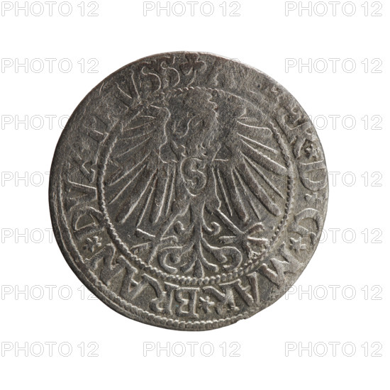 grosz; Schilling, Maciej, publisher; Decjusz, Jost Ludwik (fl. 1528–1535). Obverse: Prussian eagle, on its chest a crowned letter S; in the rim between pearl borders an inscription beginning with a trefoil, R*D*G*MAR*BRAN*DVX, VSS Rw. Reverse: male bust in armor in profile turned to the right; short hair, long pointed beard with sideburns; Hohenzollern shield in the rim; inscription beginning with *IVSTVS*, IDE*VIVIT*I545*. Albrecht Hohenzollern (Prince of Prussia; 1490–1568) — iconography. 1545. Ducal Prussia (1525–1701), Königsberg. Coin: diameter 23.1 mm, weight 1.81 g, axis 220°.