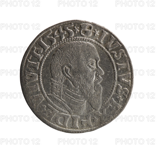 grosz; Schilling, Maciej, publisher; Decjusz, Jost Ludwik (fl. 1528–1535); eagles; Albrecht Hohenzollern (Prince of Prussia; 1490–1568) – iconography; male bust in armor in profile turned to the right; short hair, long pointed beard with sideburns; Hohenzollern (coat of arms); obverse: Prussian eagle with on his chest a crowned letter S; in the rim between the pearl borders an inscription beginning with a trefoil, R*D*G*MAR*BRAN*DVX, VSS Rw.; reverse: male bust in armor in profile turned to the right, dividing the inner rim; in the rim, between the pearly borders, an inscription beginning with the Hohenzollern shield *IVSTVS*, IDE*VIVIT*I545*; date 1545; Ducal Prussia (1525–1701), Königsberg; coin: diameter 23.1 mm, weight 1.81 g, axis 220°