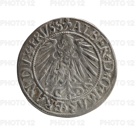 Decius Grosz; Jost Ludwik (fl. 1528–1535); Maciej Schilling, publisher. Coin, Ducal Prussia (1525–1701), Königsberg, 1545. Obverse: Prussian eagle, on its chest a crowned letter S; rim between pearl borders with inscription beginning with a trefoil ALBER*D*G*MAR*BRAN*DVX*PRVSS. Reverse: male bust in armour in profile to the right; short hair, long pointed beard with sideburns; inner rim divided; rim between pearl borders with inscription beginning with the Hohenzollern shield *IVSTVS*EX*FIDE*VIVIT*I545*. Hohenzollern (coat of arms); Albrecht Hohenzollern (Prince of Prussia; 1490–1568) — iconography. Coin diameter 23.7 mm; weight 1.85 g; axis 0°.