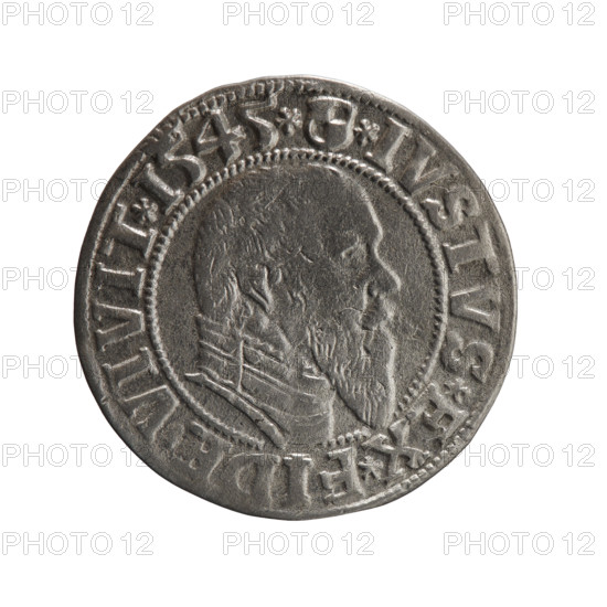 grosz, Decius, Jost Ludwik (fl. 1528-1535), Schilling, Maciej, publisher, eagles, Albrecht Hohenzollern (Prince of Prussia; 1490-1568) - iconography, Hohenzollern (coat of arms), male busts in armour, Obv. Prussian eagle, on his chest a crowned letter S. In the rim between the pearl borders an inscription beginning with a trefoil ALBER*D*G*MAR*BRAN*DVX*PRVSS Rev. Male bust in armour in profile turned to the right; short hair, long, pointed beard with sideburns, dividing the inner rim. In the rim, between the pearly borders, an inscription beginning with the Hohenzollern shield *IVSTVS*EX*FIDE*VIVIT*I545*, 1545, Ducal Prussia (1525-1701), Königsberg, coin: diameter 23.7 mm, weight 1.85 g, axis 0 deg.
