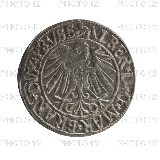 Schilling, Maciej, publisher; Decjusz, Jost Ludwik (fl. 1528–1535); Albrecht Hohenzollern (Prince of Prussia; 1490–1568). Coin (Ducal Prussia, 1545), obverse: Prussian eagle with on his chest a crowned letter S; in the rim between pearl borders an inscription beginning with a trefoil: ALBER*D*G*MAR*BRAN*DVX*PRVSS. Reverse: male bust in armour in profile turned right; short hair, long pointed beard with sideburns; in the rim between pearl borders an inscription beginning with the Hohenzollern shield: *IVSTVS*EX*FIDE*VIVIT*I545*. Königsberg. Coin diameter 23.8 mm, weight 1.95 g, axis 270°.
