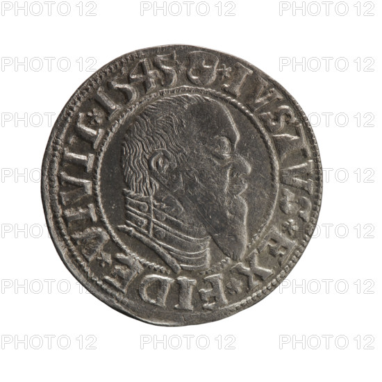Obverse: Prussian eagle; on its chest a crowned letter S. In the rim between the pearl borders an inscription beginning with a trefoil: ALBER*D*G*MAR*BRAN*DVX*PRVSS. Reverse: Male bust in armour in profile turned to the right; short hair, long pointed beard with sideburns, dividing the inner rim. In the rim, between the pearly borders, an inscription beginning with the Hohenzollern shield: *IVSTVS*EX*FIDE*VIVIT*I545*. Maker/publisher: grosz; Schilling, Maciej, publisher; Decjusz, Jost Ludwik (fl. 1528–1535). Subject: Albrecht Hohenzollern (Prince of Prussia; 1490–1568). Date: 1545. Place: Ducal Prussia (1525–1701), Königsberg. Object: coin. Diameter 23.8 mm; weight 1.95 g; axis 270°.