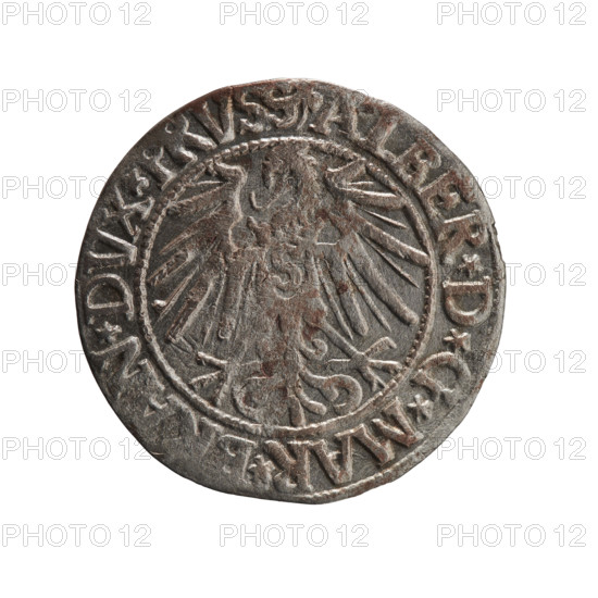 Schilling, Maciej, publisher; Decjusz, Jost Ludwik (fl. 1528–1535); grosz (coin), 1545. Obverse: Prussian eagle; on its chest a crowned letter S. In the rim between the pearl borders an inscription beginning with a trefoil ALBER*D*G*MAR*, AN*DVX*PRVSS. Reverse: Male bust in armour in profile turned to the right; short hair, long pointed beard with sideburns, dividing the inner rim. In the rim, between the pearly borders, an inscription beginning with the Hohenzollern shield *IVSTVS, EX*FIDE*VIVIT*I545*. Albrecht Hohenzollern (Prince of Prussia; 1490–1568). Ducal Prussia (1525–1701), Königsberg. Coin: diameter 23.0 mm; weight 1.85 g; axis 30°.