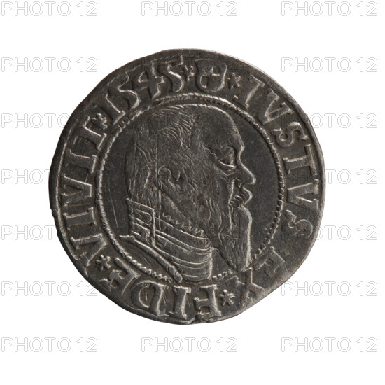Artist: grosz, Schilling, Maciej, publisher: Decjusz, maker: Jost Ludwik (fl. 1528–1535). Object: coin, Ducal Prussia (1525–1701), Königsberg, 1545. Type: silver coin; diameter 23.0 mm; weight 1.85 g; axis 30°. Obverse: Prussian eagle, on its chest a crowned letter S; in rim between pearl borders an inscription beginning with a trefoil ALBER*D*G*MAR*, AN*DVX*PRVSS. Reverse: male bust in armour in profile turned to the right; short hair, long pointed beard with sideburns; Hohenzollern shield in rim between pearly borders; rim inscription beginning with *IVSTVS, EX*FIDE*VIVIT*I545*. Iconography: eagles, Hohenzollern (coat of arms), male busts in armour. Subject/person depicted: Albrecht Hohenzollern (Prince of Prussia; 1490–1568).