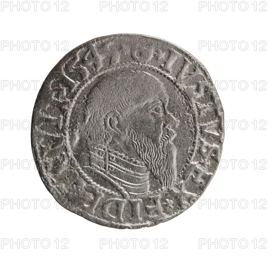 grosz; Schilling, Maciej, publisher; Decjusz, Jost Ludwik (fl. 1528–1535); Albrecht Hohenzollern (Prince of Prussia; 1490–1568) — iconography: eagles, Hohenzollern (coat of arms), male busts in armor. Obverse: Prussian eagle, on its chest a crowned letter S; on the rim between the pearl borders an inscription beginning with a trefoil (mirror-image N) ALBER*D*, MAR*BRAN*DVX*PRVSS. Reverse: male bust in armour in profile to the right; short hair, long pointed beard with sideburns; in the rim, between beaded rims, an inscription beginning with the Hohenzollern shield *IVSTVS*EX*FIDE*VIVIT*I54. Date: 1545. Place: Ducal Prussia (1525–1701), Königsberg. Object: coin (grosz), diameter 23.5 mm, weight 2.05 g, axis 270°.
