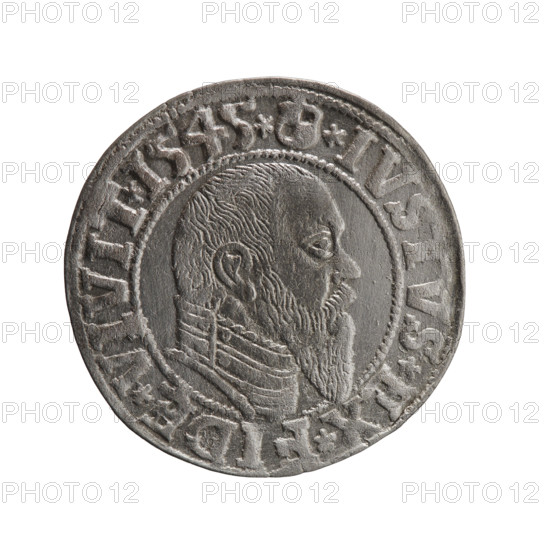 grosz; Schilling, Maciej, publisher; Decjusz, Jost Ludwik (fl. 1528–1535); Albrecht Hohenzollern (Prince of Prussia; 1490–1568) — iconography: eagles, Hohenzollern (coat of arms), male busts in armor. Obverse: Prussian eagle, on its chest a crowned letter S; on the rim between pearl borders an inscription beginning with a trefoil (mirror-image N) 'ALBER*D*G*, *BRAN*DVX*PRVSS'. Reverse: male bust in armour in profile turned right; short hair, long pointed beard with sideburns; on the inner rim an inscription beginning with the Hohenzollern shield 'IVSTVS*EX*FIDE*VIVIT*I545*'. Date: 1545. Place/issue: Ducal Prussia (1525–1701), Königsberg. Coin: diameter 23.7 mm; weight 1.93 g; axis 315°.
