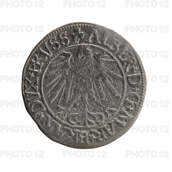 grosz; Schilling, Maciej, publisher; Decjusz, Jost Ludwik (fl. 1528–1535); Albrecht Hohenzollern (Prince of Prussia; 1490–1568). Iconography: eagles, Hohenzollern coat of arms, male busts in armour. Obverse: Prussian eagle. On the rim, between the pearl borders, an inscription beginning with a trefoil: ALBER*D*G*MAR*BRAN*DVX*PRVSS. Reverse: male bust in armour in profile turned right; short hair, long pointed beard with sideburns, dividing the inner rim. In the rim, between the pearly borders, an inscription beginning with the Hohenzollern shield: *IVSTVS*EX*FIDE*VIVIT*I545*. Date: 1545. Place: Ducal Prussia (1525–1701), Königsberg. Object: coin. Diameter 23.7 mm; weight 2.01 g; axis 315°.