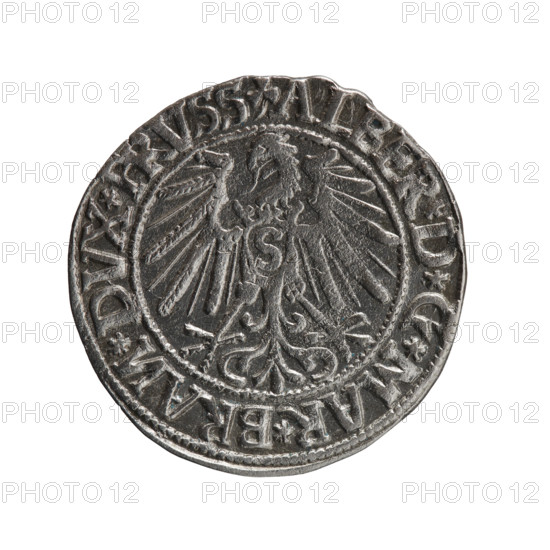 Albrecht Hohenzollern (Prince of Prussia; 1490–1568). Medal/coin, 1545, Königsberg, Ducal Prussia (1525–1701). Obverse: Prussian eagle bearing on its chest a crowned letter S; in rim between pearl borders an inscription beginning with a trefoil (mirror-image N) 'ALBER*D*G*MAR*BRAN*DVX*PRVSS'. Reverse: male bust in armour in profile turned right; short hair, long pointed beard with sideburns; in rim between beaded borders an inscription beginning with the Hohenzollern shield '*IVSTVS*EX*FIDE*VIVIT*I545*'. Iconography: eagles, Hohenzollern coat of arms, male busts in armor. Publisher: Schilling, Maciej; engraver/artist: Jost Ludwik Decjusz (fl. 1528–1535) [as given]. Coin: diameter 23.7 mm, weight 2.00 g, axis 0°.