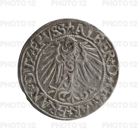 grosz; Schilling, Maciej, publisher; Decjusz, Jost Ludwik (fl. 1528–1535); eagles; Albrecht Hohenzollern (Prince of Prussia; 1490–1568) — iconography; male busts in armour; Hohenzollern (coat of arms). Obverse: Prussian eagle, on its chest a crowned letter S; on the rim, between pearl borders, an inscription beginning with a trefoil ALBER*D*G*MAR*BRAN*DVX*PRVSS. Reverse: male bust in armour in profile turned to the right; short hair, long pointed beard with sideburns, dividing the inner rim; in the rim, between pearly borders, an inscription beginning with the Hohenzollern shield *IVSTVS*EX*FIDE*VIVIT*I545*. 1545. Ducal Prussia (1525–1701), Königsberg. Coin: diameter 23.4 mm, weight 1.86 g, axis 270°.
