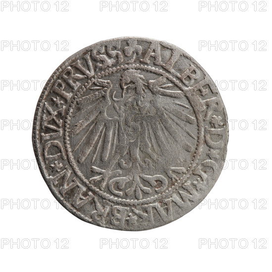 Schilling, Maciej, publisher; Decjusz, Jost Ludwik (fl. 1528–1535). 1545. Ducal Prussia (1525–1701), Königsberg. Coin (diameter 23.3 mm; weight 1.92 g; axis 300°). Obverse: Prussian eagle, on its chest a crowned letter S; in the rim between pearl borders an inscription beginning with a trefoil: ALBER*D*G*MAR*BRAN*DVX*PRVSS. Reverse: male bust in armour in profile to the right; short hair, long pointed beard with sideburns, dividing the inner rim; in the rim between pearly borders an inscription beginning with the Hohenzollern shield: *IVSTVS*EX*FIDE*VIVIT*I545*. Iconography: Albrecht Hohenzollern (Prince of Prussia; 1490–1568) — Hohenzollern coat of arms; male busts in armour.