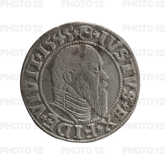 Maker: grosz; Schilling, Maciej, publisher; Decjusz, Jost Ludwik (fl. 1528–1535). Object: coin (Ducal Prussia, Königsberg), 1545. Denomination: grosz. Materials/measurements: diameter 23.3 mm, weight 1.92 g, axis 300°. Obverse: Prussian eagle; on its chest a crowned letter S. In rim between pearl borders an inscription beginning with a trefoil: ALBER*D*G*MAR*BRAN*DVX*PRVSS. Reverse: male bust in armour in profile to right; short hair, long pointed beard with sideburns, dividing the inner rim. In rim between pearly borders an inscription beginning with the Hohenzollern shield: *IVSTVS*EX*FIDE*VIVIT*I545*. Subject/iconography: Albrecht Hohenzollern (Prince of Prussia; 1490–1568); Hohenzollern coat of arms.