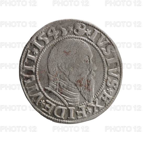Obverse: Prussian eagle. On the rim, between the pearl borders, an inscription beginning with a trefoil ALBER*D*G*MAR*BRAN*DV. Male bust in armour in profile turned right; short hair, long pointed beard with sideburns, dividing the inner rim. Reverse: Hohenzollern shield; in the rim, between the pearly borders, an inscription beginning with *IVSTVS*EX*FIDE*VIVIT*I545*. Maker/publisher: Grosz, Schilling, Maciej; publisher Decjusz, Jost Ludwik (fl. 1528–1535). Subject: Albrecht Hohenzollern (Prince of Prussia; 1490–1568) — iconography. Date: 1545. Place: Ducal Prussia (1525–1701), Königsberg. Object: coin; diameter 23.5 mm; weight 1.96 g; axis 100°.