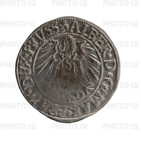 Decius Grosz; Jost Ludwik (fl. 1528–1535); Maciej Schilling, publisher. Obverse: Prussian eagle, on its chest a crowned letter S; on the rim between pearl borders an inscription beginning with a trefoil (mirror-image N) 'ALBER*D*G*MAR*BRAN*DVX*PRVSS'. Reverse: male bust in armour in profile to the right; short hair, long pointed beard; on the rim between pearly borders an inscription beginning with the Hohenzollern shield '*IVSTVS*E,*VIVIT*I545*'. Albrecht Hohenzollern (Prince of Prussia; 1490–1568) — iconography. Dated 1545, Königsberg, Ducal Prussia (1525–1701). Coin; diameter 24.3 mm; weight 1.78 g; axis 0°.