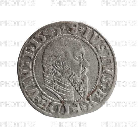 grosz, Schilling, Maciej, publisher, Decjusz, Jost Ludwik (fl. 1528-1535), Albrecht Hohenzollern (Prince of Prussia; 1490-1568) - iconography, eagles, Hohenzollern (coat of arms), male busts in armor, Obv. Prussian eagle, on its chest a crowned letter S. In the rim between the pearl borders an inscription beginning with a trefoil (letter N in mirror image) ALBER*D*G*MAR*BRAN*DVX*PRVSS. Rv. Male bust in armour in profile turned right; short hair, long, pointed beard with sideburns, dividing the inner rim. In the rim, between the beaded rims, an inscription beginning with the Hohenzollern shield *IVSTVS*EX*FIDE*VIVIT*I545*. 1545, Ducal Prussia (1525-1701), Königsberg, coin: diameter 23.4 mm, weight 1.87 g, axis 0°.