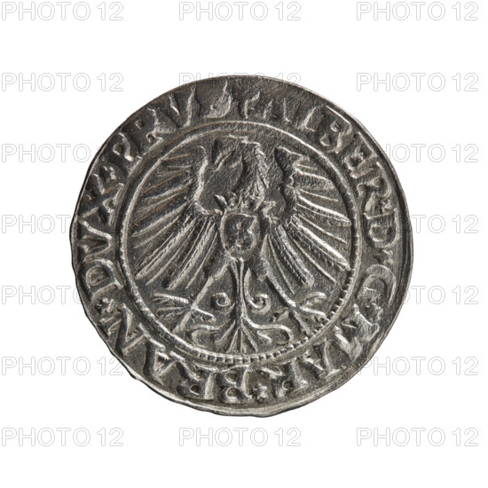 Albrecht Hohenzollern (Prince of Prussia; 1490–1568) — grosz, 1546. Obv.: Prussian eagle; on its chest a crowned letter S. In rim, between pearl-shaped borders, inscription beginning with a trefoil: ALBER*D*G*MAR*BRAN*DVX*PRV. Rev.: Male bust in armor in profile turned right; short hair, long pointed beard with sideburns; inner border divided. In rim, between pearl-shaped borders, inscription beginning with the Hohenzollern shield: *IVSTVS*E, FIDE*VIVIT*I546*. Ducal Prussia (1525–1701), Königsberg. Coin: diameter 22.5 mm, weight 2.09 g, axis 225°.