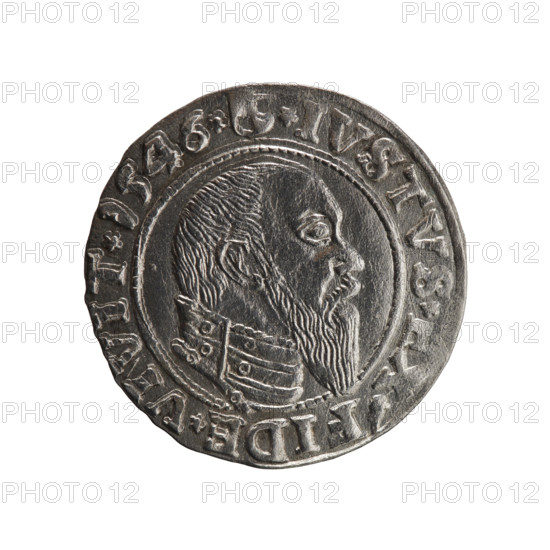 Albrecht Hohenzollern (Prince of Prussia; 1490–1568) — grosz (1546). Obverse: Prussian eagle, on its chest a crowned letter S; rim inscription beginning with a trefoil ALBER*D*G*MAR*BRAN*DVX*PRV; pearl-shaped borders. Reverse: male bust in armor in profile turned right; short hair, long pointed beard with sideburns; rim inscription beginning with Hohenzollern shield *IVSTVS*E, FIDE*VIVIT*I546*; dated 1546. Ducal Prussia (1525–1701), Königsberg. Coin: diameter 22.5 mm, weight 2.09 g, axis 225°.