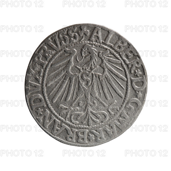 grosz, Schilling, Maciej, eagles, Albrecht Hohenzollern (Prince of Prussia; 1490–1568) - iconography, Hohenzollern (coat of arms), male busts in armour. Obv.: Prussian eagle, on his chest the crowned letter S; in the rim, between the pearl-shaped borders, an inscription beginning with a trefoil ALBER*D*G*MAR*BRAN*DVX*PRVSS. Rev.: Male bust in armour in profile turned to the right; short hair, long pointed beard with sideburns, dividing the inner rim; in the rim, between the pearl-shaped borders, an inscription beginning with the Hohenzollern shield *IVSTVS*EX*FIDE*VIVIT*I546*. 1546. Ducal Prussia (1525–1701), Königsberg. Coin; diameter 23.2 mm, weight 1.85 g, axis 100°.