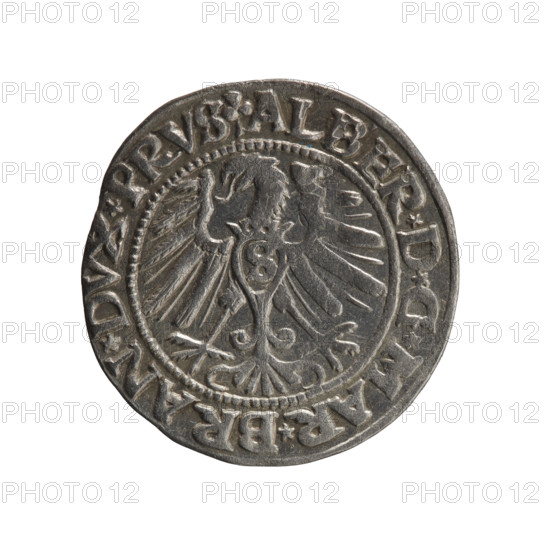 grosz; Schilling, Maciej; eagles. Albrecht Hohenzollern (Prince of Prussia; 1490–1568) — iconography: male busts in armor; Hohenzollern coat of arms. Obverse: Prussian eagle, on its chest the crowned letter S; in the rim, between pearl-shaped borders, an inscription beginning with a trefoil ALBER*D*G*MAR*BRAN*DVX*PRVS. Reverse: male bust in armor in profile turned to the right; short hair, long pointed beard with sideburns, dividing the inner border; in the rim, between pearl-shaped borders, an inscription beginning with the Hohenzollern shield *IVSTVS*EX*FIDE*VIVIT*I546*. Date: 1546. Place: Ducal Prussia, Königsberg. Coin: diameter 22.8 mm, weight 2.00 g, axis 180°.