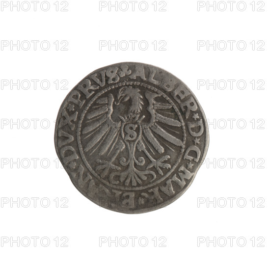 grosz; maker: Schilling, Maciej; material: coin; denomination: grosz; subject: Prussian eagle on obverse, on its chest the crowned letter S; reverse: male bust in armour in profile to the right, short hair, long pointed beard with sideburns; motifs: trefoils, Hohenzollern coat of arms; inscriptions: obverse rim between pearl borders beginning with a trefoil ALBER*D*G*MAR*B, N*DVX*PRVS; reverse rim between pearl borders starting with the Hohenzollern shield *IVSTVS*EX*FIDE, IT*I546* (1546); maker/portrait: Albrecht Hohenzollern (Prince of Prussia; 1490–1568); date/place: 1546, Königsberg, Ducal Prussia (1525–1701); hoard find: hoard from the village of Wsola; rarity: R1; measurements: diameter 22.6 mm, weight 1.82 g, axis 290°.