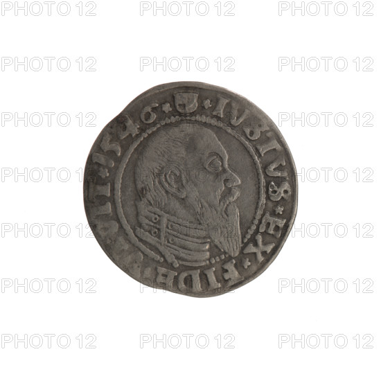 grosz, Schilling, Maciej; eagles; Albrecht Hohenzollern (Prince of Prussia; 1490–1568) — iconography; trefoils; Hohenzollern coat of arms; hoard from the village of Wsola; R1 (rarity); male busts in armour. Obv.: Prussian eagle, on its chest the crowned letter S; on the rim between pearl borders an inscription beginning with a trefoil: ALBER*D*G*MAR*B,N*DVX*PRVS. Rev.: male bust in armour in profile to the right; short hair, long pointed beard with sideburns; inner border separated by the portrait; on the rim between pearl borders an inscription starting with the Hohenzollern shield: *IVSTVS*EX*FIDE, IT*I546* (1546). Königsberg, Ducal Prussia (1525–1701). Coin: diameter 22.6 mm, weight 1.82 g, axis 290°.