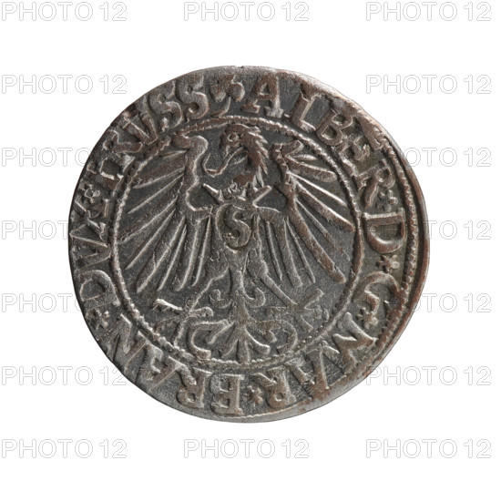Albrecht Hohenzollern (Prince of Prussia; 1490–1568) — coin, 1546. Obverse: Prussian eagle; on its chest a crowned letter S. In the rim, between pearl-shaped borders, inscription beginning with a trefoil ALBER*D*G*MAR*BRAN*DVX*PRVSS. Reverse: male bust in armor in profile to the right; short hair, long pointed beard with sideburns. In the rim, between pearl-shaped borders, inscription beginning with the Hohenzollern shield *IVSTVS*EX*FIDE*VIVIT*1546*. Ducal Prussia (1525–1701). Coin diameter 23.1 mm, weight 2.04 g, axis 270°.