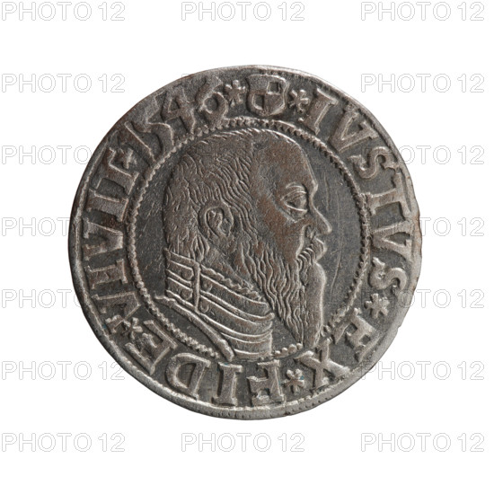 Albrecht Hohenzollern (Prince of Prussia; 1490–1568) — coin (1546). Obverse: Prussian eagle, on its chest a crowned letter S; in rim between pearl-shaped borders an inscription beginning with a trefoil ALBER*D*G*MAR*BRAN*DVX*PRVSS. Reverse: male bust in armor in profile facing right; short hair, long pointed beard with sideburns, dividing the inner border; in rim between pearl-shaped borders an inscription beginning with the Hohenzollern shield *IVSTVS*EX*FIDE*VIVIT*I546*. Ducal Prussia (1525–1701), Königsberg. Coin: diameter 23.1 mm, weight 2.04 g, axis 270°.