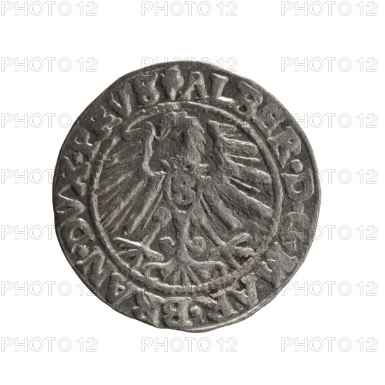 Schilling by Maciej Grosz; obverse: Prussian eagle with crowned letter S on its chest; rim inscription beginning with a trefoil ALBER*D*G*MAR*BRAN*DVX*PRVS. Reverse: male bust in armor in profile facing right; short hair, long pointed beard with sideburns; rim inscription beginning with the Hohenzollern shield VSTVS*EX*FIDE*VIVIT*I, 46*, 1546. Ducal Prussia (1525–1701), Königsberg; coin, diameter 22.6 mm, weight 1.90 g, axis 225°.