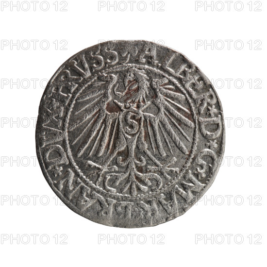 grosz, Schilling, Maciej, Albrecht Hohenzollern (Prince of Prussia; 1490–1568) — iconography: eagles, Hohenzollern (coat of arms), male busts in armor. Obv.: Prussian eagle, on its chest a crowned letter S; in the rim, between pearl-shaped borders, an inscription beginning with a trefoil ALBER*D*G*MAR*BRAN*DVX*PRVSS. Rev.: Male bust in armor in profile to the right; short hair, long pointed beard with sideburns, dividing the inner border; in the rim, between pearl-shaped borders, an inscription beginning with the Hohenzollern shield *IVSTVS*EX*FIDE*VIVIT* I546*. 1546. Ducal Prussia (1525–1701), Königsberg. Coin: diameter 23.1 mm, weight 1.82 g, axis 45°.