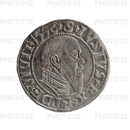 grosz, Schilling, Maciej, Albrecht Hohenzollern (Prince of Prussia; 1490–1568) - iconography, eagles, Hohenzollern (coat of arms), male busts in armor, Obv. Prussian eagle, on its chest a crowned letter S. In the rim, between the pearl-shaped borders, an inscription beginning with a trefoil ALBER*D*G*MAR*BRAN*DVX*PRVSS. Rev. Male bust in armor in profile turned to the right; short hair, long, pointed beard with sideburns, dividing the inner border. In the rim, between the pearl-shaped borders, an inscription beginning with the Hohenzollern shield *IVSTVS*EX*FIDE*VIVIT* I546*. 1546, Ducal Prussia (1525–1701), Königsberg, coin: diameter 23.1 mm, weight 1.82 g, axis 45 degrees