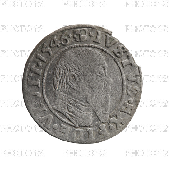 grosz, Schilling, Maciej, Albrecht Hohenzollern (Prince of Prussia; 1490–1568) — iconography: eagles, Hohenzollern coat of arms, male busts in armor. Obverse: Prussian eagle, on its chest the crowned letter S; in the rim, between pearl-shaped borders, inscription beginning with a trefoil 'ALBER*D*G*MA, BRAN*DVX*PRVS'. Reverse: male bust in armor in profile turned to the right; short hair, long pointed beard with sideburns, dividing the inner border; in the rim, between pearl-shaped borders, inscription beginning with the Hohenzollern shield '*IVSTVS*EX*FIDE*VIVIT*I546*'. Date: 1546. Place/period: Ducal Prussia (1525–1701), Königsberg. Coin: diameter 22.7 mm, weight 1.79 g, axis 315°.