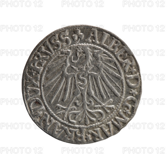 Albrecht Hohenzollern (Prince of Prussia; 1490–1568) — coin (1546). Obverse: Prussian eagle with crowned letter S on its chest; rim inscription beginning with a trefoil ALBER*D*G*MAR*BRAN*DVX*PRVSS. Reverse: male bust in armor in profile to the right; short hair, long pointed beard with sideburns; rim inscription beginning with the Hohenzollern shield *IVSTVS*EX*FIDE*VIVIT*I546*. Ducal Prussia (1525–1701), Königsberg. Coin diameter 23.0 mm; weight 1.99 g; axis 315°. Iconography: eagles, male busts in armor, Hohenzollern coat of arms.