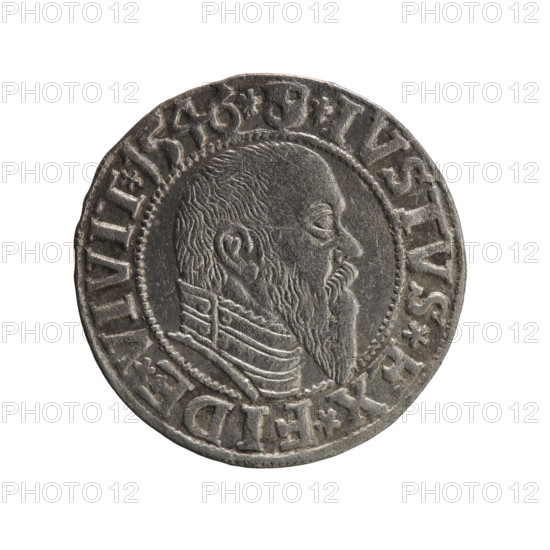 Albrecht Hohenzollern (Prince of Prussia; 1490–1568) — coin, Ducal Prussia, Königsberg, 1546. Obverse: Prussian eagle, on its chest the crowned letter S; in rim between pearl-shaped borders an inscription beginning with a trefoil ALBER*D*G*MAR*BRAN*DVX*PRVSS. Reverse: male bust in armor in profile to the right; short hair, long pointed beard with sideburns; inner border divided by the Hohenzollern shield; in rim between pearl-shaped borders an inscription beginning with *IVSTVS*EX*FIDE*VIVIT*I546*. Diameter 23.0 mm; weight 1.99 g; axis 315°.
