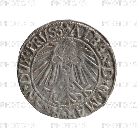 Schilling, Maciej; Szymonski, Jan (1887–1954) — Albrecht Hohenzollern (Prince of Prussia; 1490–1568) — iconography: eagles, Hohenzollern (coat of arms), male busts in armour. Obverse: Prussian eagle, on its chest the crowned letter S; on the rim between pearl borders an inscription beginning with a trefoil: ALBER*D*, *MAR*BRAN*DVX*PRVSS. Reverse: Male bust in armour in profile turned to the right; short hair, long pointed beard with sideburns, inner border separated; on the rim between pearl borders an inscription starting with the Hohenzollern shield: *IVSTVS*EX*FIDE*VIVIT* I546* (1546). Ducal Prussia (1525–1701), Königsberg; coin, diameter 23.4 mm, weight 2.04 g, axis 40°.