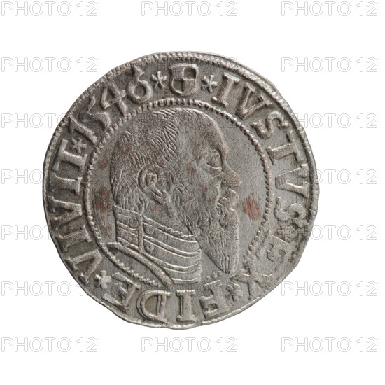 Schilling, Maciej; Szymonski, Jan (1887–1954). Albrecht Hohenzollern (Prince of Prussia; 1490–1568) — iconography: eagles, Hohenzollern coat of arms, male busts in armour. Obverse: Prussian eagle, on his chest the crowned letter S; on the rim between the pearl borders an inscription beginning with a trefoil ALBER*D*, *MAR*BRAN*DVX*PRVSS. Reverse: Male bust in armour in profile turned to the right; short hair, long pointed beard with sideburns, inner border separated; on the rim between the pearl borders an inscription starting with the Hohenzollern shield *IVSTVS*EX*FIDE*VIVIT*I546*. 1546. Ducal Prussia (1525–1701), Königsberg. Coin: diameter 23.4 mm, weight 2.04 g, axis 40°.