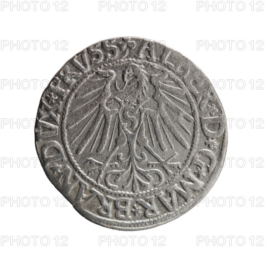 grosz, Schilling, Maciej, Albrecht Hohenzollern (Prince of Prussia; 1490-1568) - iconography, eagles, Hohenzollern (coat of arms), male busts in armor. Obv. Prussian eagle, on its chest a crowned letter S. In the rim, between the pearl-shaped borders, an inscription beginning with a trefoil AL, R*D*G*MAR*BRAN*DVX*PRVSS. Rv. Male bust in armor in profile turned to the right; short hair, long, pointed beard with sideburns, dividing the inner border. In the rim, between the pearl-shaped borders, an inscription beginning with the Hohenzollern shield *IVSTVS*EX*FIDE*VIVIT*I546*. 1546, Ducal Prussia (1525–1701), Königsberg. Coin: diameter 23.1 mm, weight 1.83 g, axis 60°.