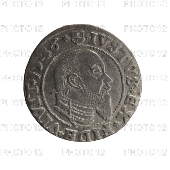 Albrecht Hohenzollern (Prince of Prussia; 1490–1568) grosz (Schilling) — obverse: Prussian eagle, on its chest a crowned letter S; rim inscription beginning with a trefoil ALB *D*G*MAR, BRAN*DVX*PRVS; reverse: male bust in armor in profile turned right, short hair, long pointed beard with sideburns, dividing the inner border; rim inscription beginning with the Hohenzollern shield *IVSTVS*EX*FI, *VIVIT*I, 6*, 1546. Ducal Prussia (1525–1701), Königsberg; coin: diameter 22.5 mm, weight 1.95 g, axis 0°.