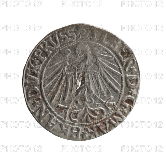 grosz; Schilling; Maciej; eagles; Albrecht Hohenzollern (Prince of Prussia; 1490–1568) — iconography; Hohenzollern (coat of arms); male busts in armor. Obverse: Prussian eagle with crowned letter S on its chest; in the rim, between pearl-shaped borders, an inscription beginning with a trefoil ALBER*D*G*MAR*BRAN*DVX*PRVSS. Reverse: male bust in armor in profile to the right; short hair, long pointed beard with sideburns, dividing the inner border; in the rim, between pearl-shaped borders, an inscription beginning with the Hohenzollern shield *IVSTVS*EX*FIDE*VIVIT*I546*. Date: 1546. Place/style: Ducal Prussia (1525–1701), Königsberg. Object: coin (grosz/Schilling); diameter 22.9 mm; weight 1.82 g; axis 290°.