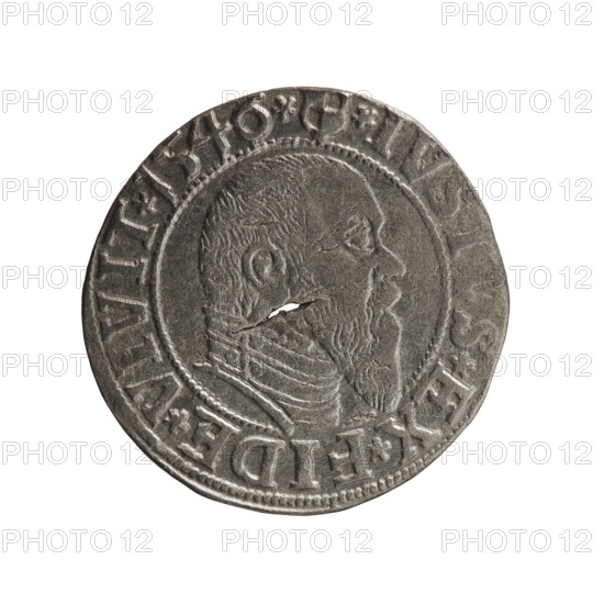 grosz; Schilling; Maciej; eagles; Albrecht Hohenzollern (Prince of Prussia; 1490–1568) — iconography; Hohenzollern (coat of arms); male busts in armor. Obverse: Prussian eagle, on its chest the crowned letter S; in the rim, between pearl-shaped borders, an inscription beginning with a trefoil ALBER*D*G*MAR*BRAN*DVX*PRVSS. Reverse: male bust in armor in profile turned to the right; short hair, long pointed beard with sideburns, dividing the inner border; in the rim, between pearl-shaped borders, an inscription beginning with the Hohenzollern shield *IVSTVS*EX*FIDE*VIVIT*I546*. Dated 1546. Ducal Prussia (1525–1701), Königsberg. Coin: diameter 22.9 mm, weight 1.82 g, axis 290°.