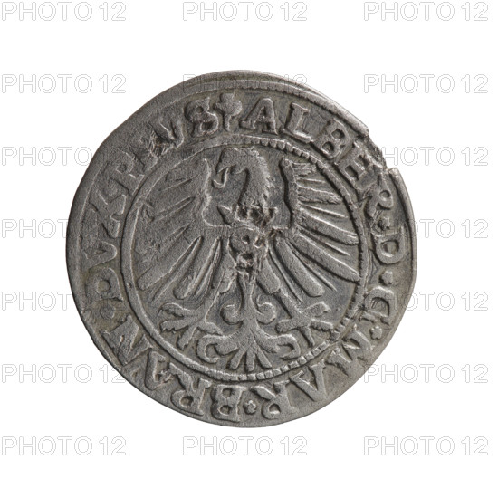 grosz; Schilling, Maciej; eagles; Albrecht Hohenzollern (Prince of Prussia; 1490–1568) — iconography; Hohenzollern (coat of arms); male busts in armor. Obverse: Prussian eagle, on its chest the crowned letter S; in the rim, between pearl-shaped borders, an inscription beginning with a trefoil ALBER*D*G*MAR*BRAN*DVX*PRVS. Reverse: male bust in armor in profile turned to the right; short hair, long pointed beard with sideburns, dividing the inner rim; in the rim, between pearl-shaped borders, an inscription beginning with the Hohenzollern shield *IVSTVS*EX*; dated 1546. Ducal Prussia (1525–1701), Königsberg. Coin: diameter 23.0 mm, weight 1.82 g, axis 200°.