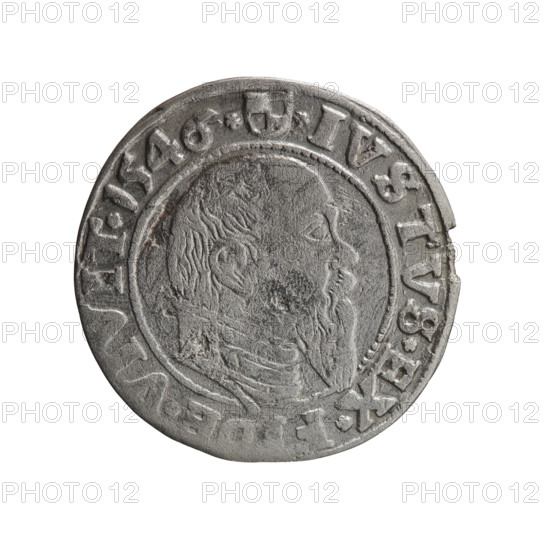 Grosz; Schilling; Maciej; eagles; Albrecht Hohenzollern (Prince of Prussia; 1490–1568) — iconography; Hohenzollern (coat of arms); male busts in armor. Obverse: Prussian eagle, on its chest the crowned letter S. In the rim, between pearl-shaped borders, an inscription beginning with a trefoil ALBER*D*G*MAR*BRAN*DVX*PRVS. Reverse: Male bust in armor in profile turned to the right; short hair, long pointed beard with sideburns, dividing the inner rim. In the rim, between the pearl-shaped borders, an inscription beginning with the Hohenzollern shield *IVSTVS*EX*; dated 1546. Ducal Prussia (1525–1701), Königsberg. Coin: diameter 23.0 mm, weight 1.82 g, axis 200°.